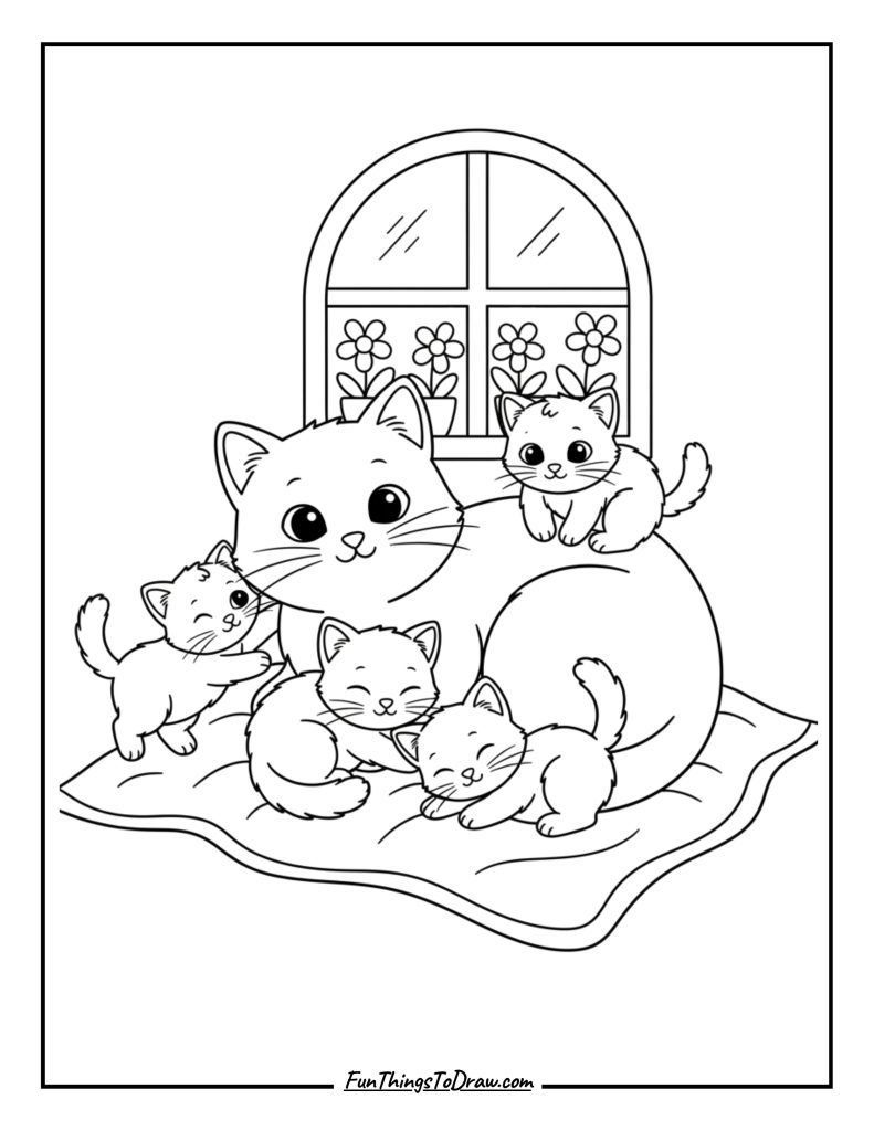 Mother cat with her litter of kittens