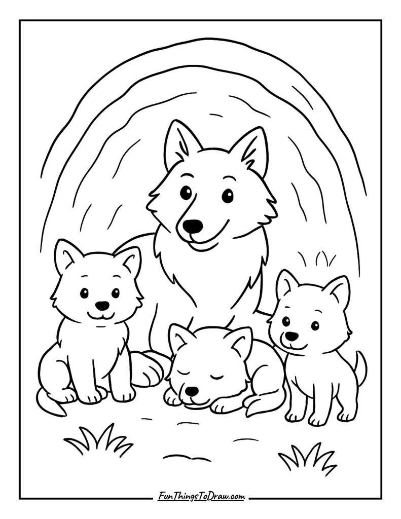  Mother wolf with her cubs in a den