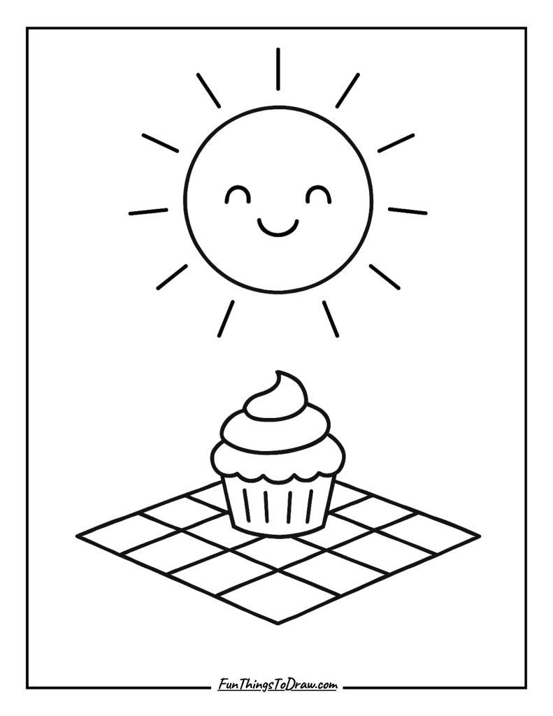 Smiling sun shining above a tiny cupcake on a picnic blanket
