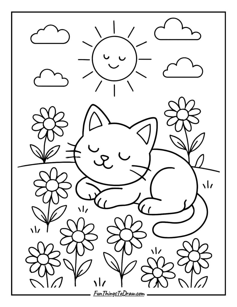 Cat enjoying a sunny nap in a field of daisies