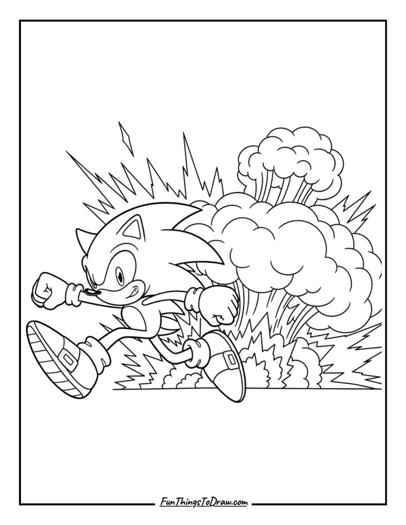 Sonic escaping from an explosion behind him