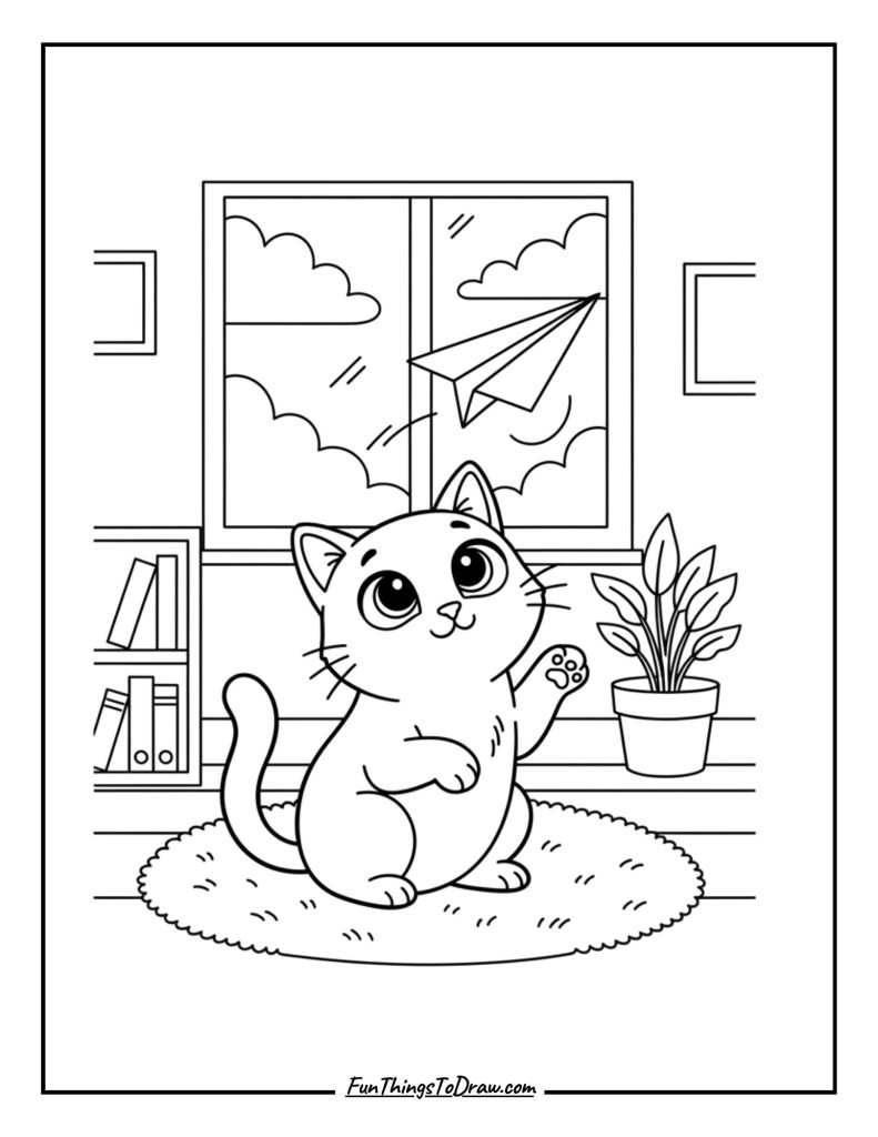 Cat gazing curiously at a flying paper airplane