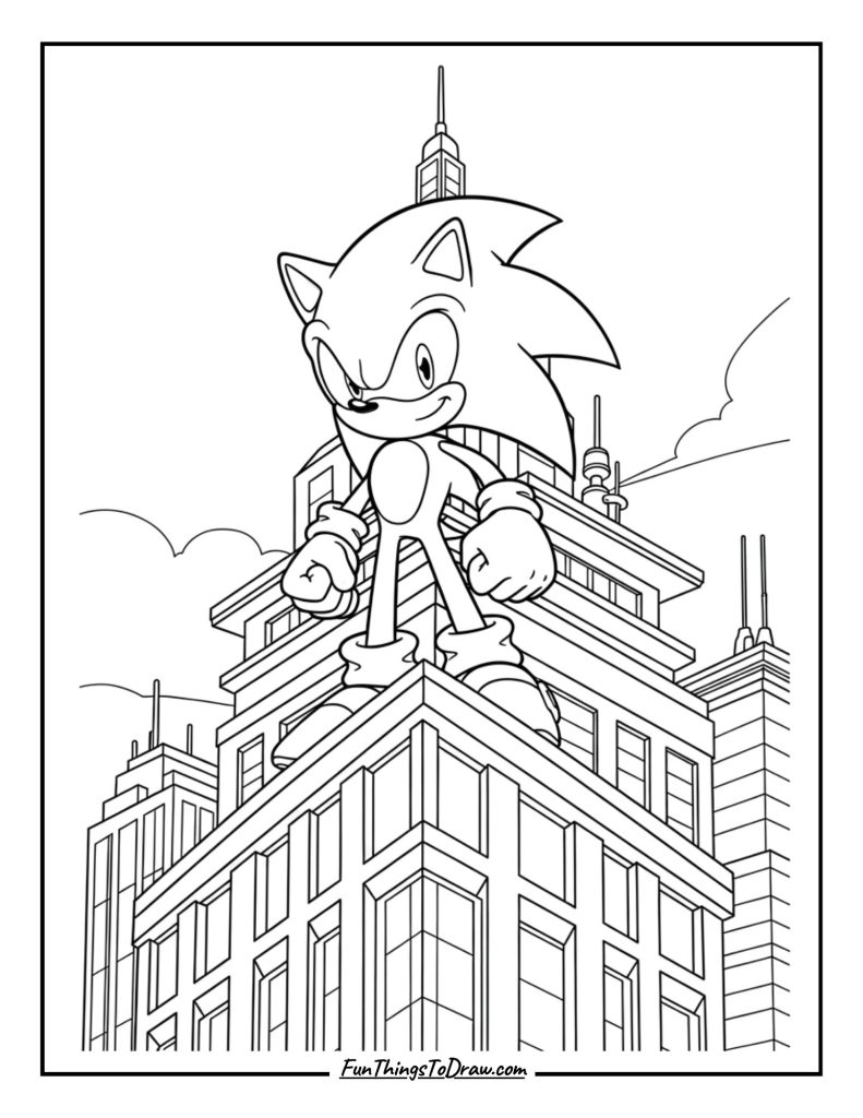 Sonic standing heroically on top of a building