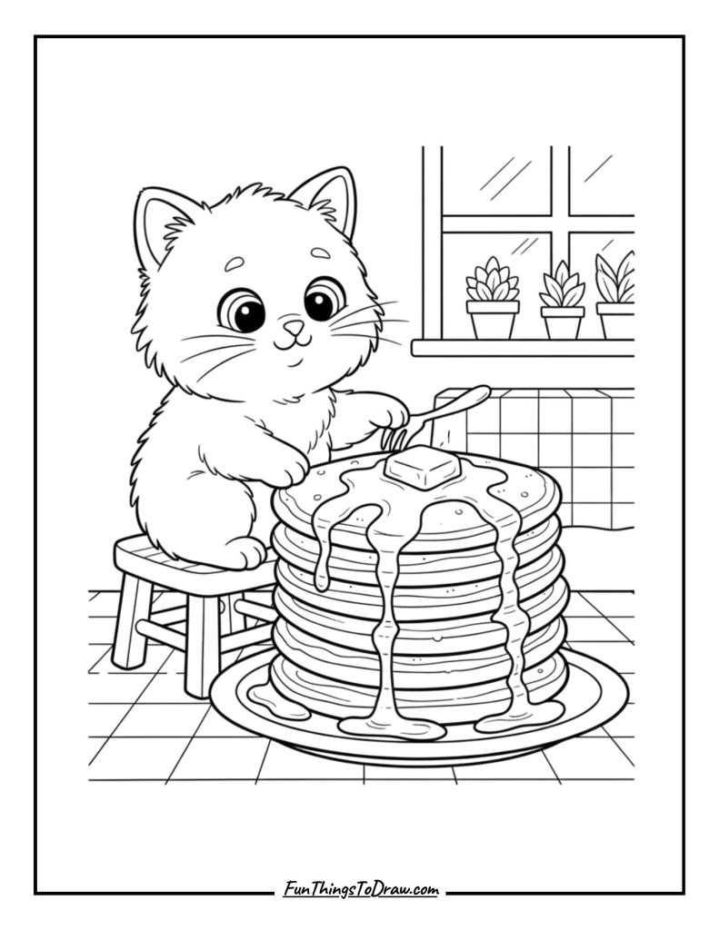Cat sitting beside a stack of pancakes dripping with syrup