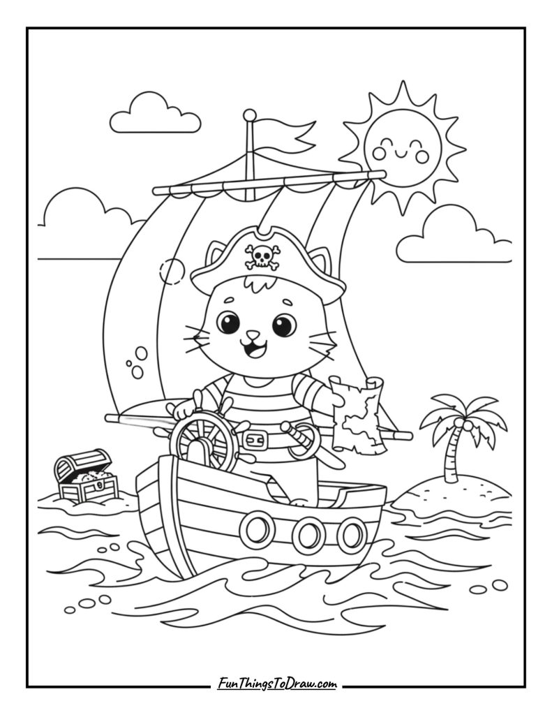 Cat dressed as a pirate sailing a tiny ship