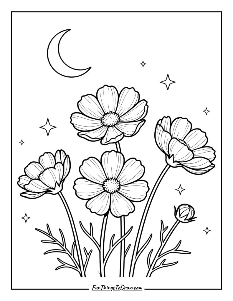Cosmos Flowers with Moon and Stars