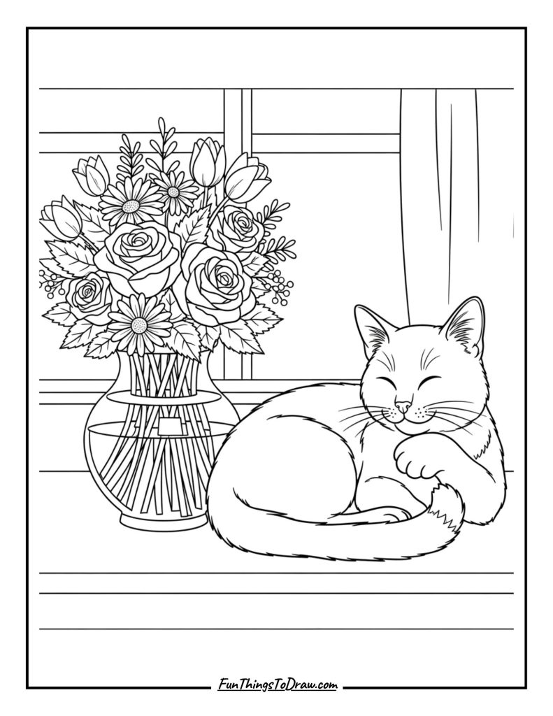 Cat resting near a flower vase on the table