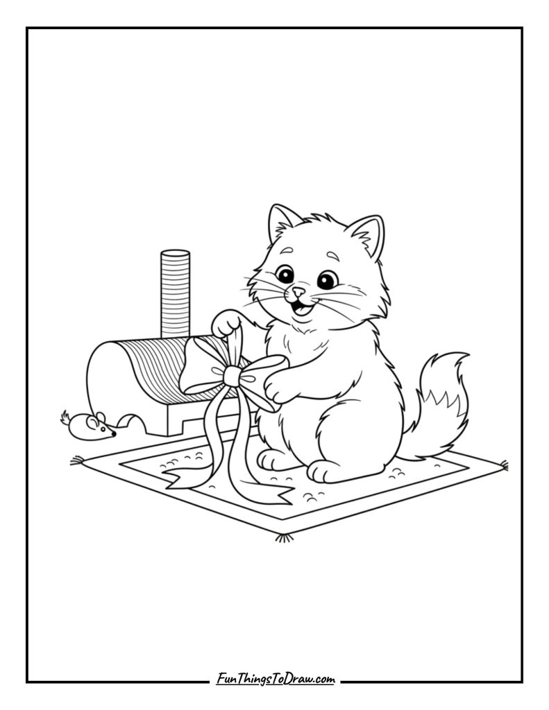 Cat playing gently with a ribbon bow