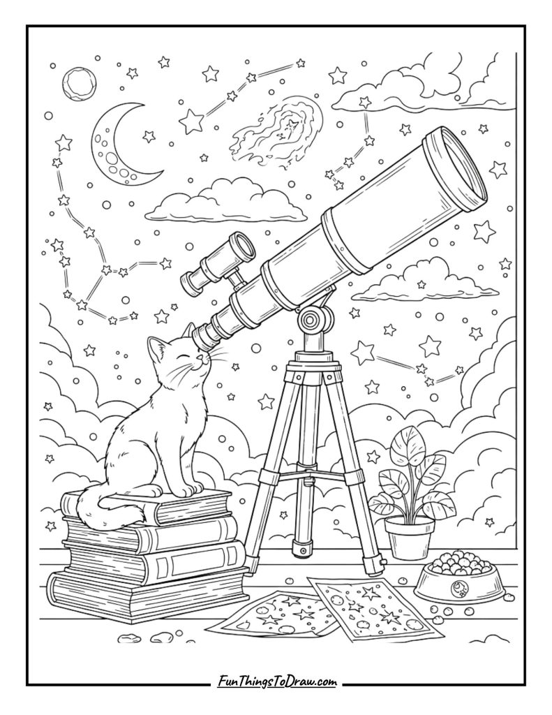 Cat watching stars through a telescope at night