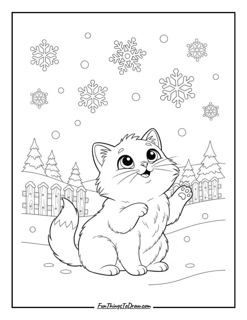 Cat looking up at falling snowflakes with wonder