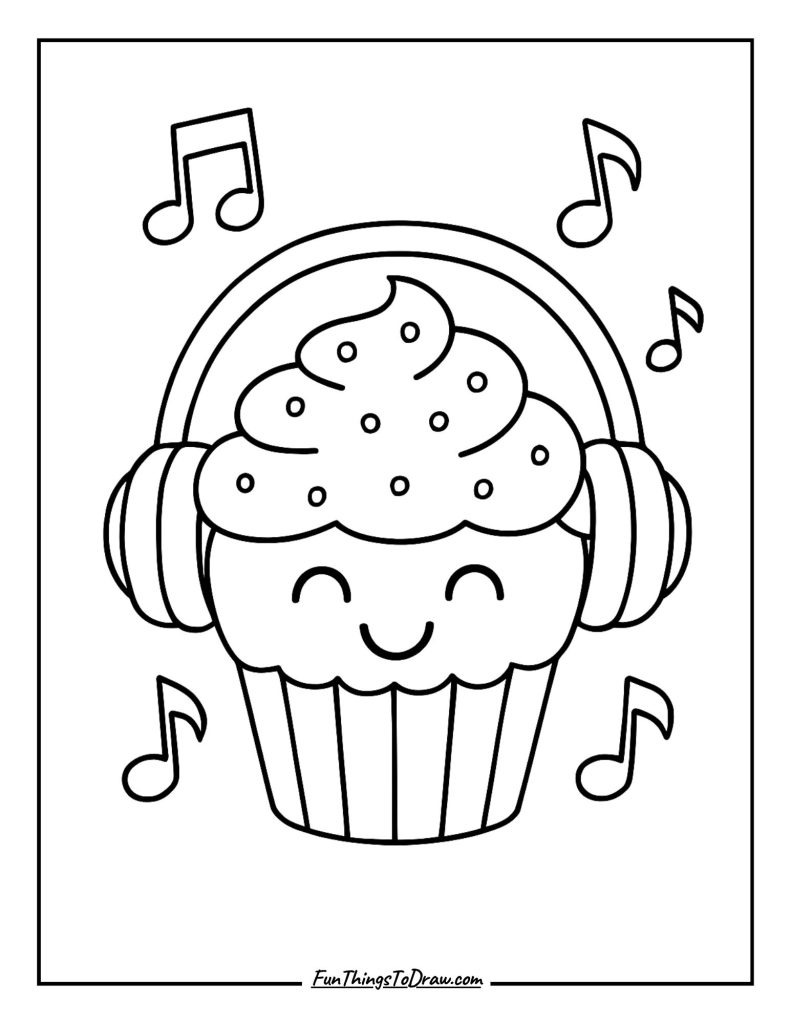 A cupcake wearing headphones enjoying cheerful music notes