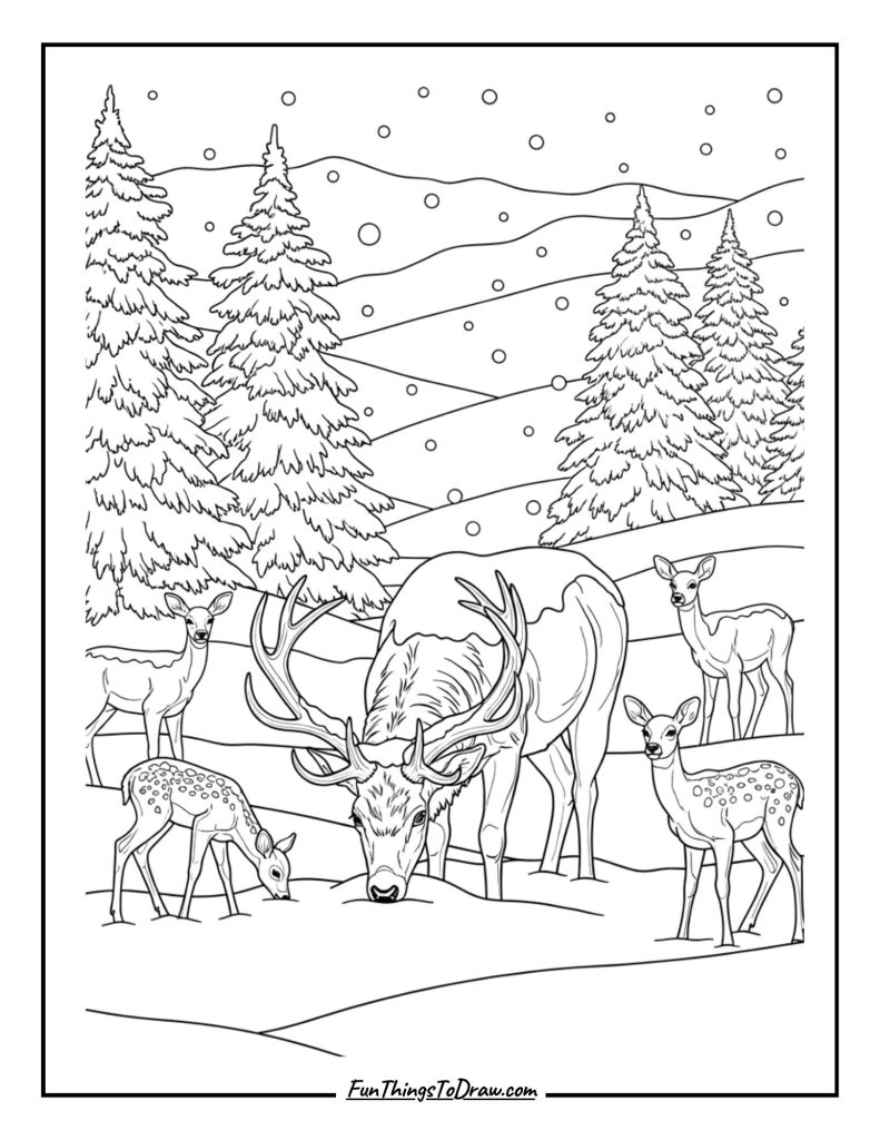 Deer search for food in winter snow