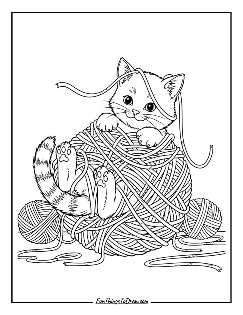 Kitten tangled in yarn