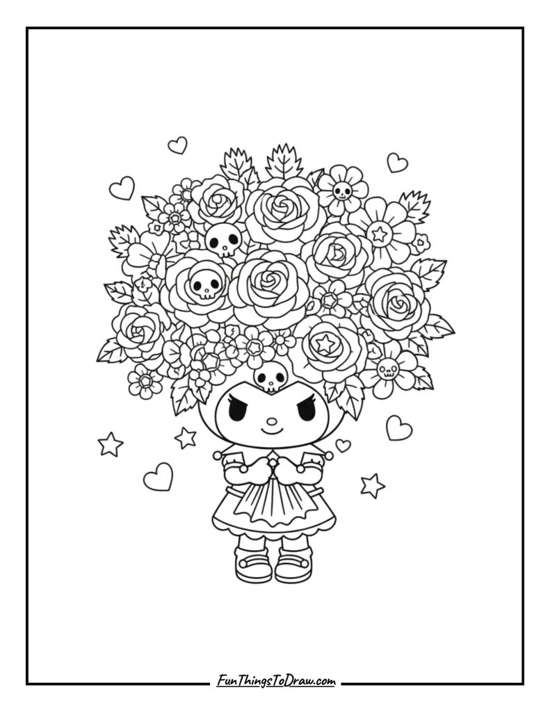 Kuromi with a big bouquet of contrasting black & pink flowers