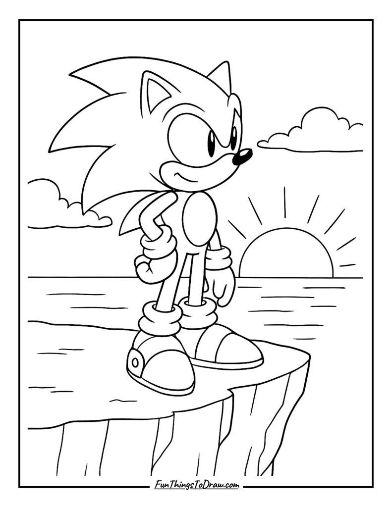 Sonic standing on a cliff overlooking a sunset