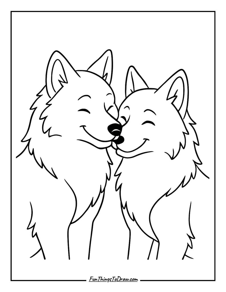 Two wolves nuzzling affectionately