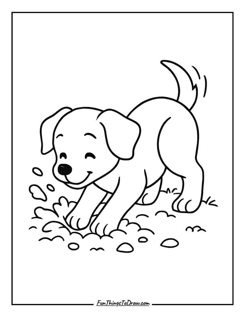 Young pup digging enthusiastically in the garden dirt