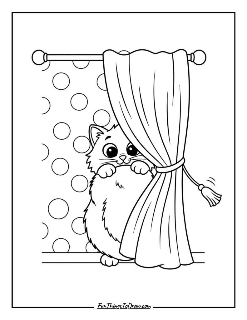 Cat hiding behind a curtain ready to pounce
