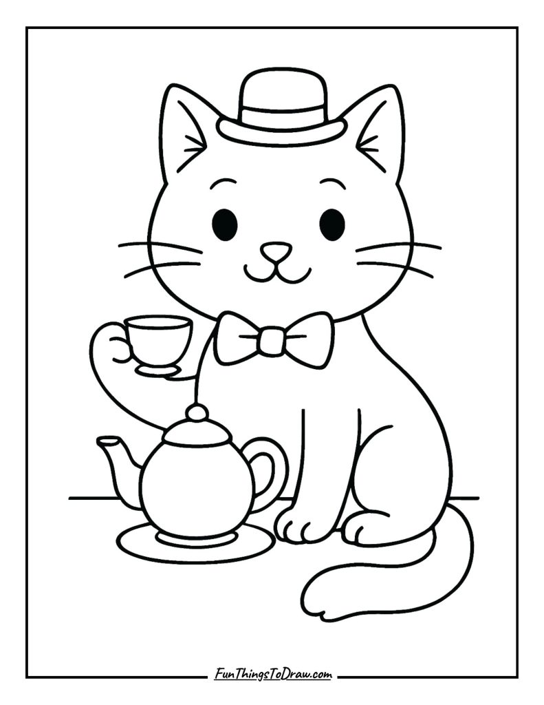 Fancy cat wearing a small hat and bowtie for tea time