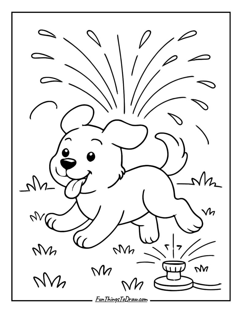 Happy puppy running joyfully through a backyard sprinkler