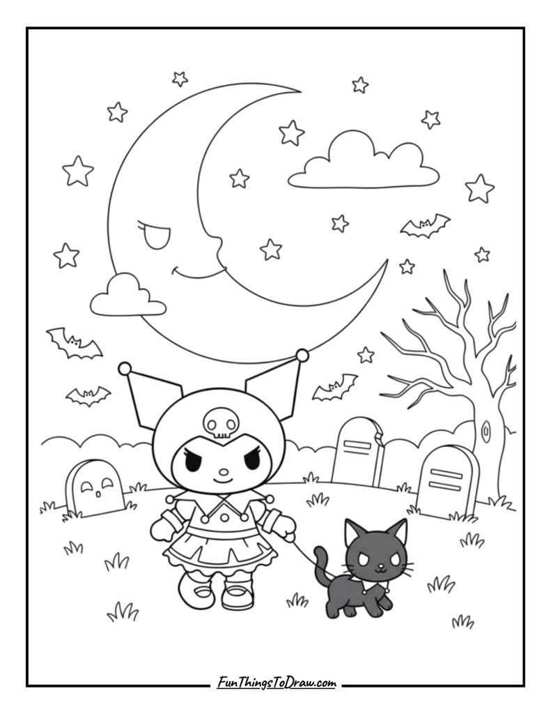 Kuromi walking a pet black cat under a moonlit sky