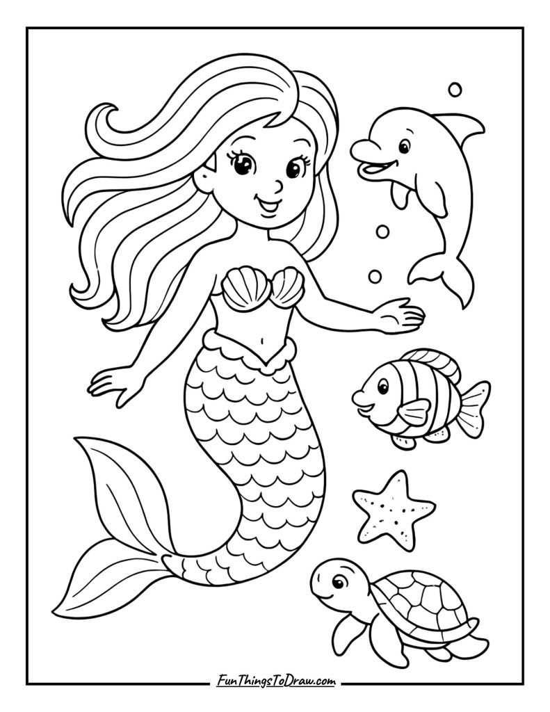 Mermaid with flowing rainbow hair and sea creatures