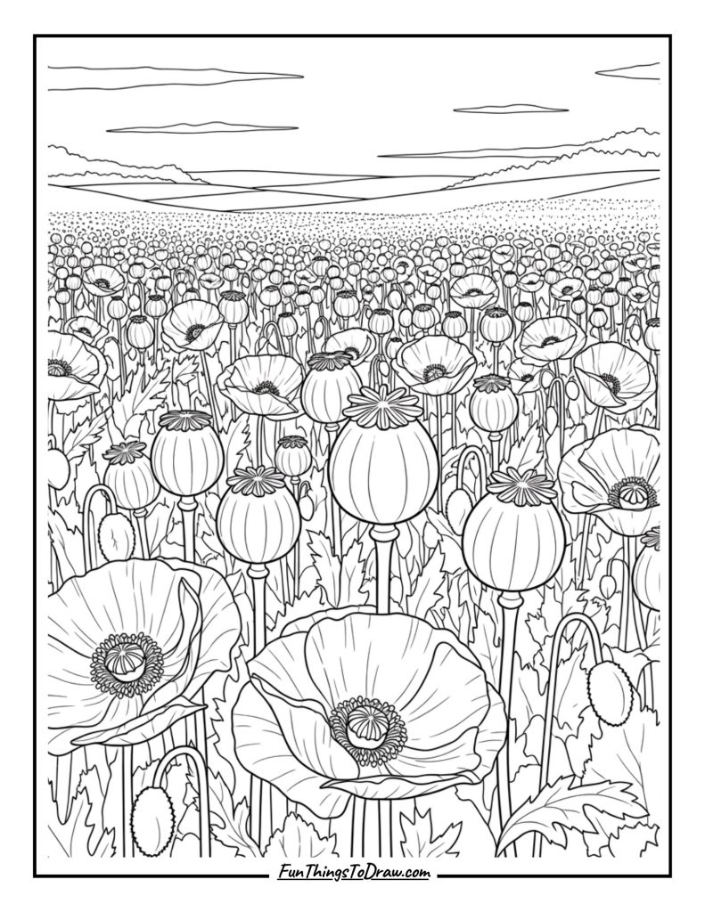 Poppy Field with Seed Pods
