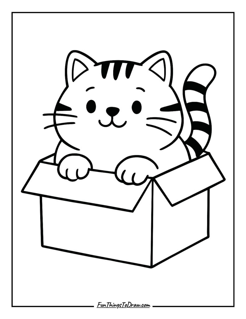 A chubby cat peeking out of a cardboard box