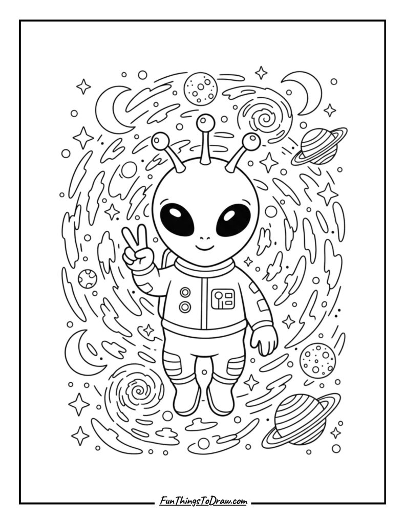 Alien friend holding a peace sign in the galaxy