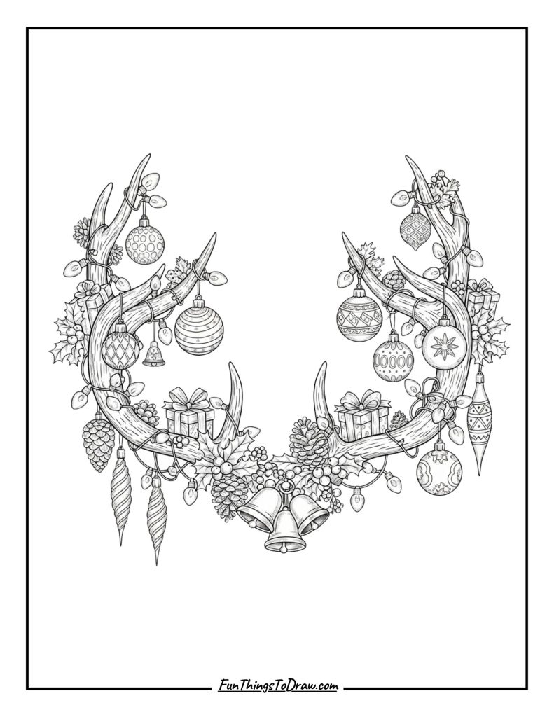 Antlers decorated with Christmas ornaments and lights