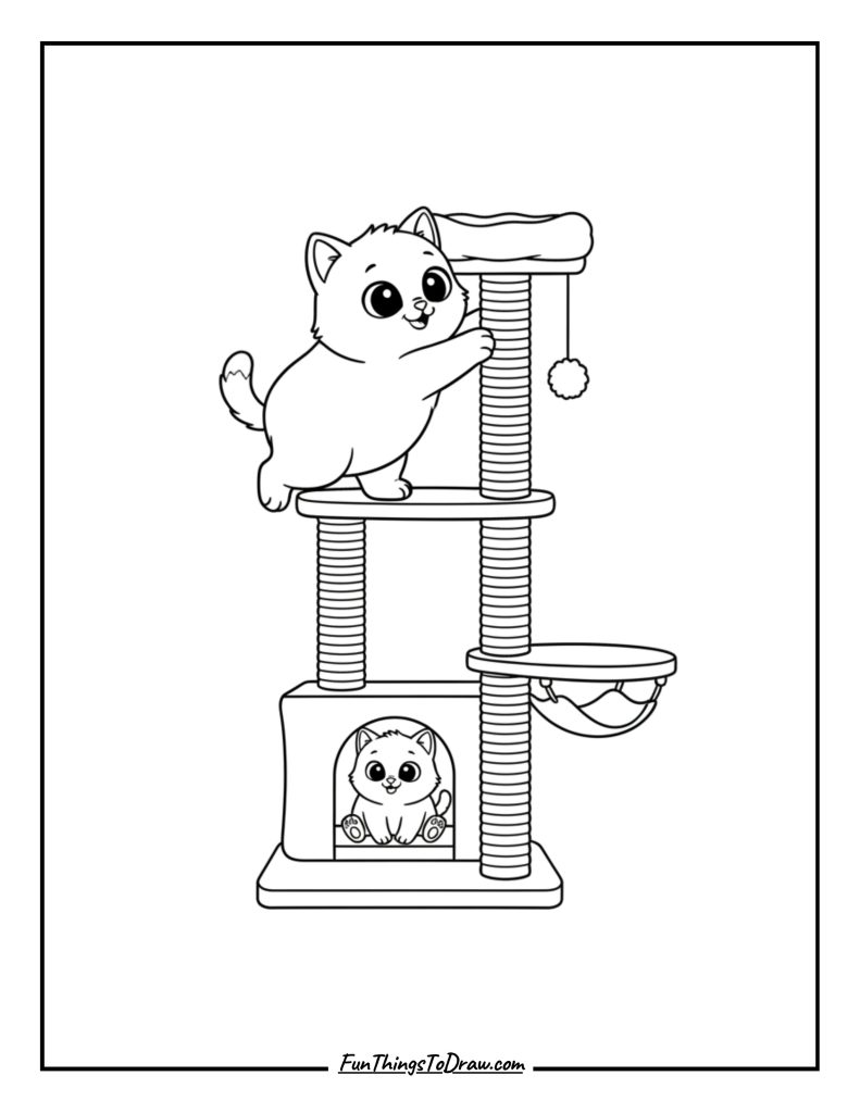 Kitten climbing a cat tree