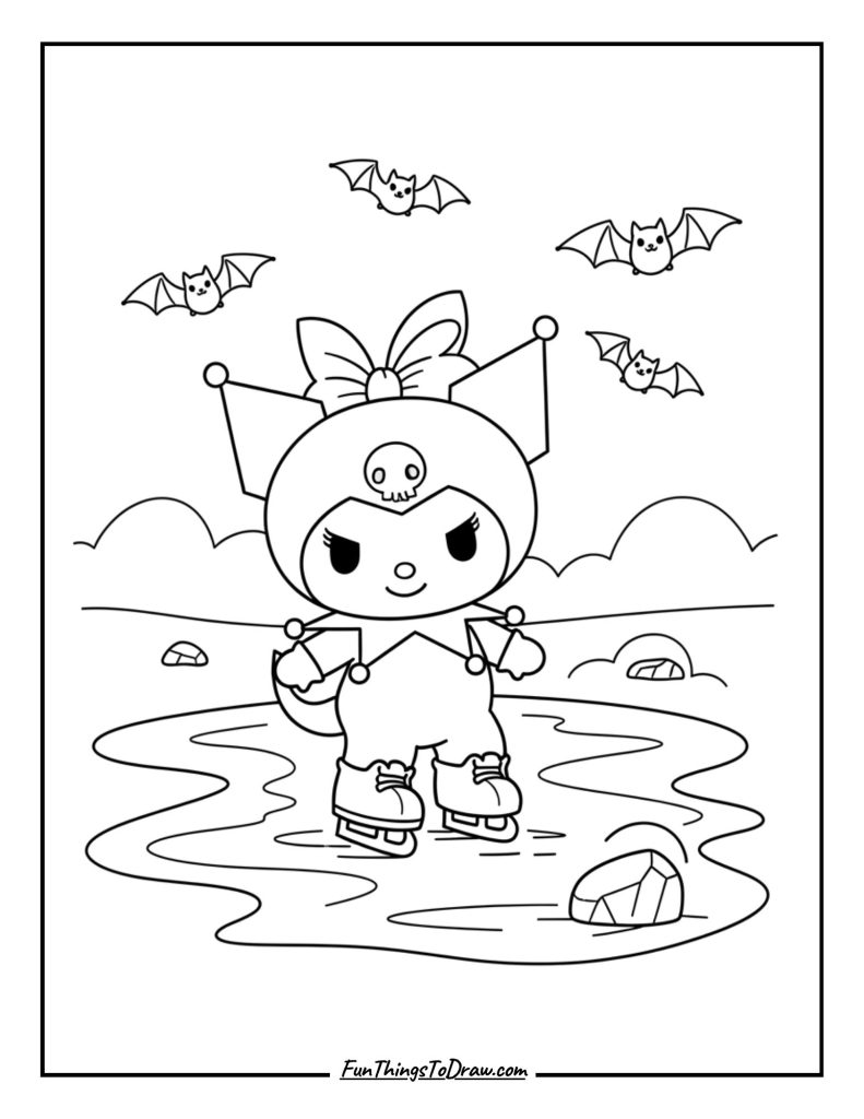 Kuromi ice skating on a frozen pond with bats in the air