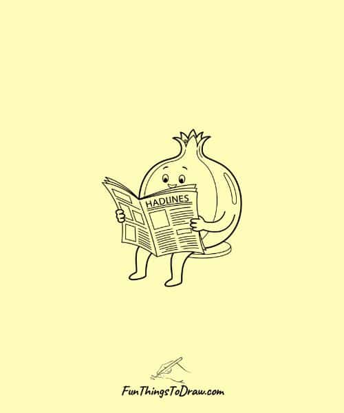 Drawing of Pomegranate Reading Newspaper