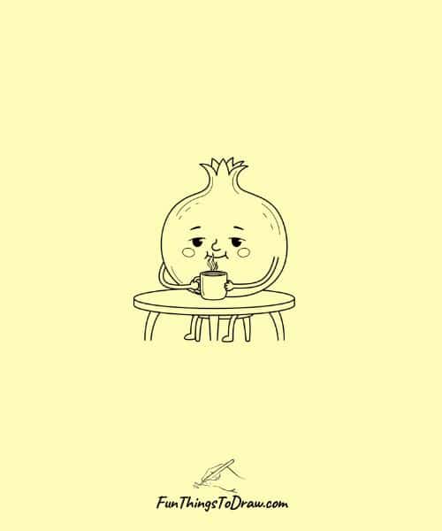 Easy Drawing of Pomegranate Drinking Coffee