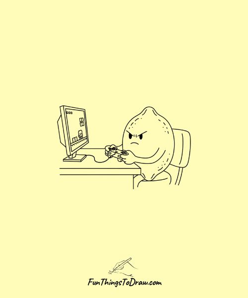 Drawing of Lemon Playing Video Games