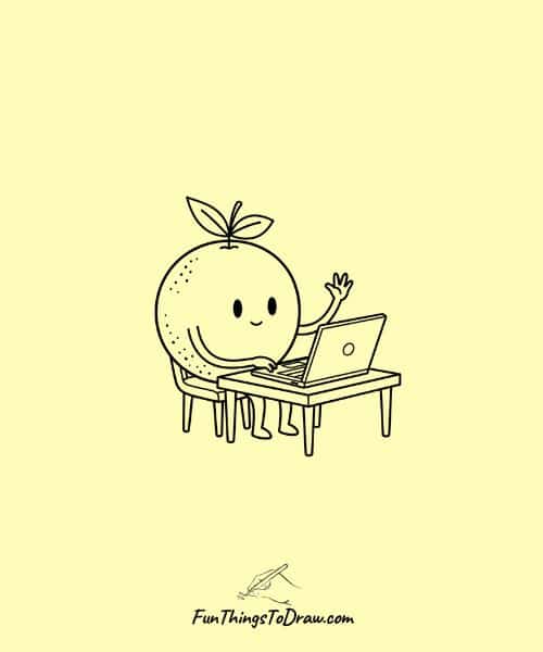 Cute Drawing of Grapefruit Character Using Laptop