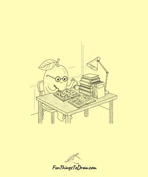 Drawing of Mango Studying at Desk
