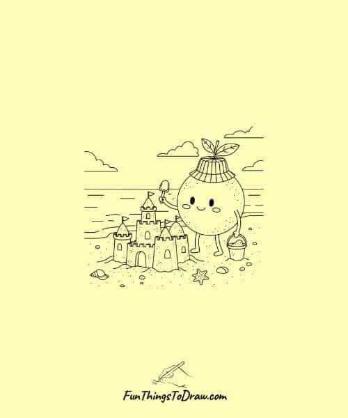 Drawing of Grapefruit Character Building Sandcastle