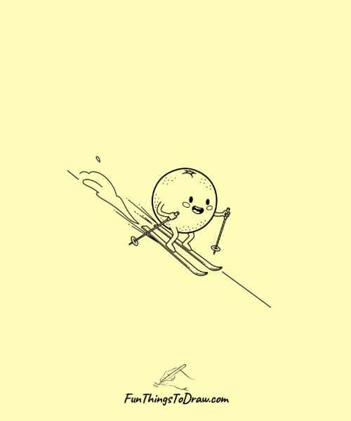Sketch of Grapefruit Character Skiing Downhill