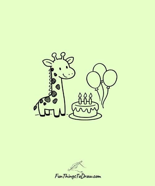 Giraffe with a birthday cake and balloons