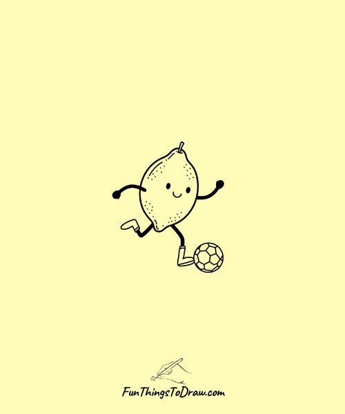 Cute drawing of lemon character playing soccer