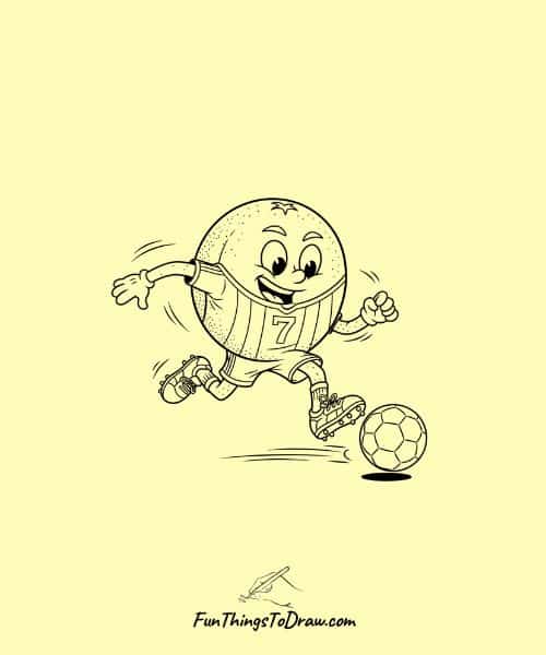 Drawing of Grapefruit Character Playing Soccer