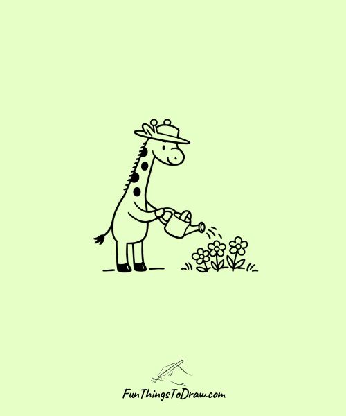 Giraffe as a gardener watering flowers