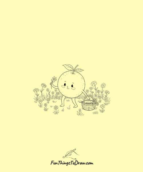 Drawing of Grapefruit Character Picking Flowers