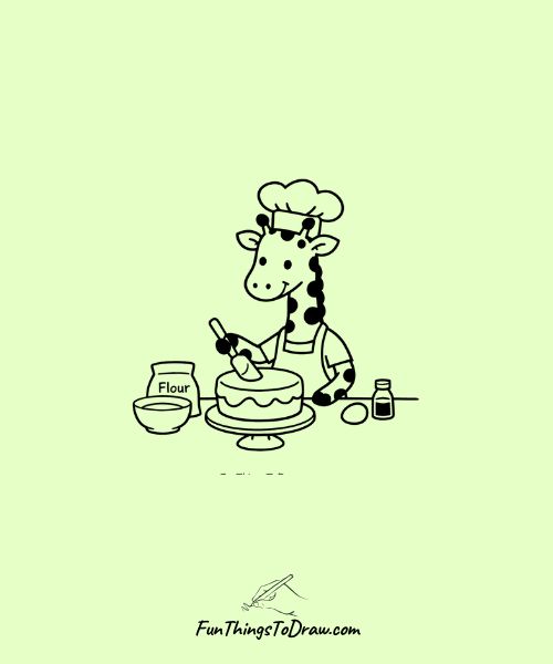 Drawing of Giraffe chef baking a cake