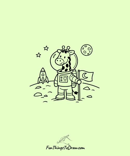 Sketch of iraffe astronaut on the moon