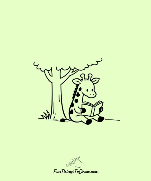 Giraffe reading a book under a tree