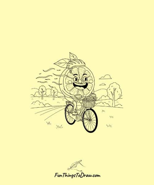 Drawing of Grapefruit Character Riding Bicycle