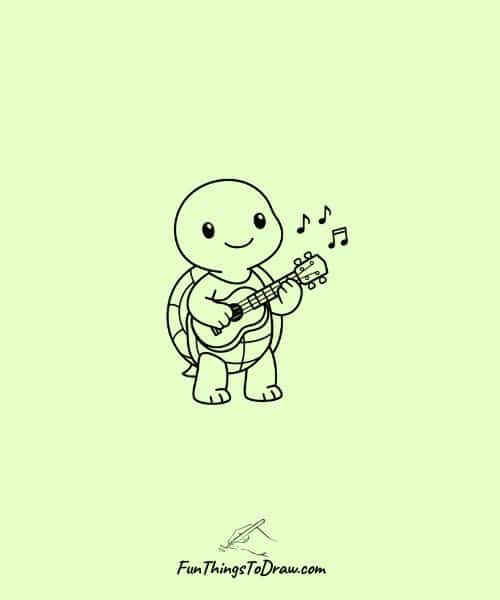 Cute drawing of turtle playing Ukulele