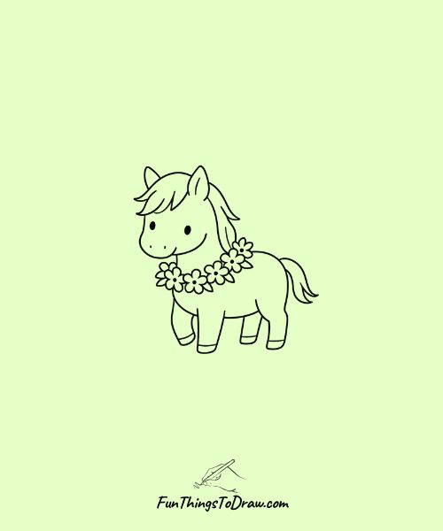 Horse with a flower garland around its neck